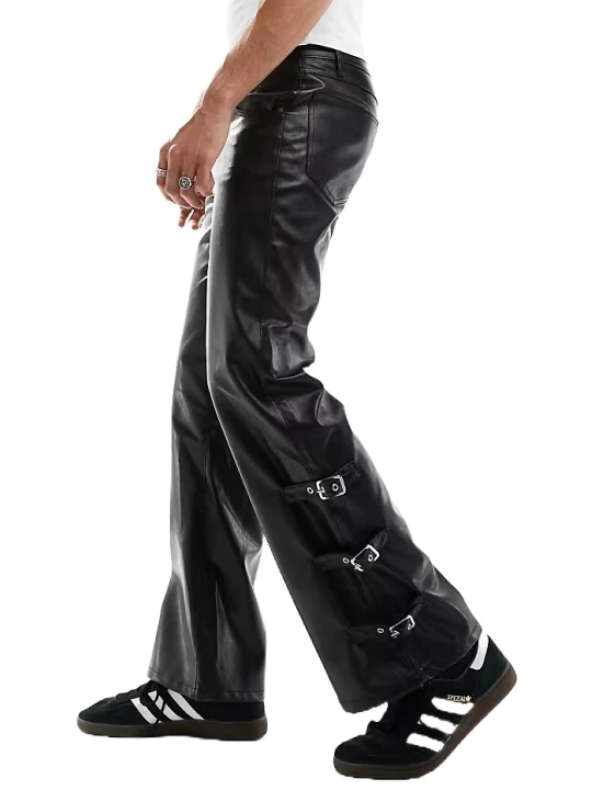 Flare Leather Pants In Black With Side Buckle Detail