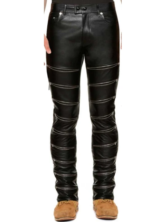 Front Zipped Black Leather Pants