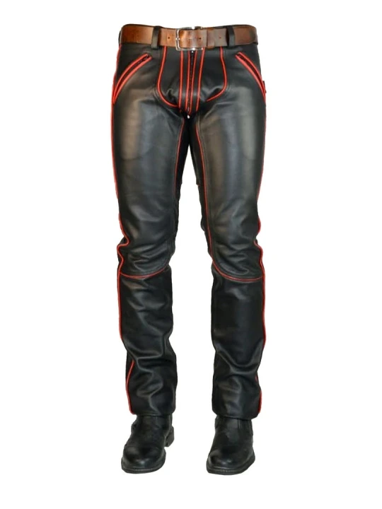Men Bold Fashion Real Lambskin Black Leather Trousers Pants
