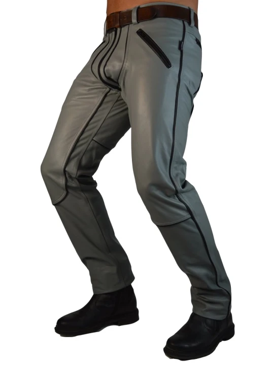 Men Bold Fashion Real Lambskin Gray Leather Trousers Pants