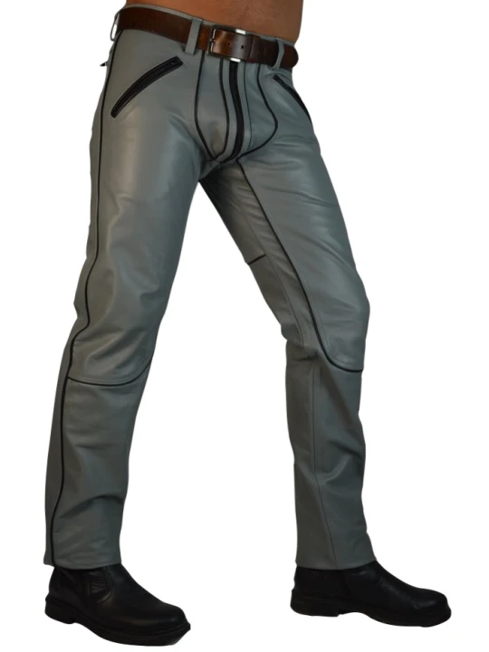 Men Bold Fashion Real Lambskin Gray Leather Trousers Pants
