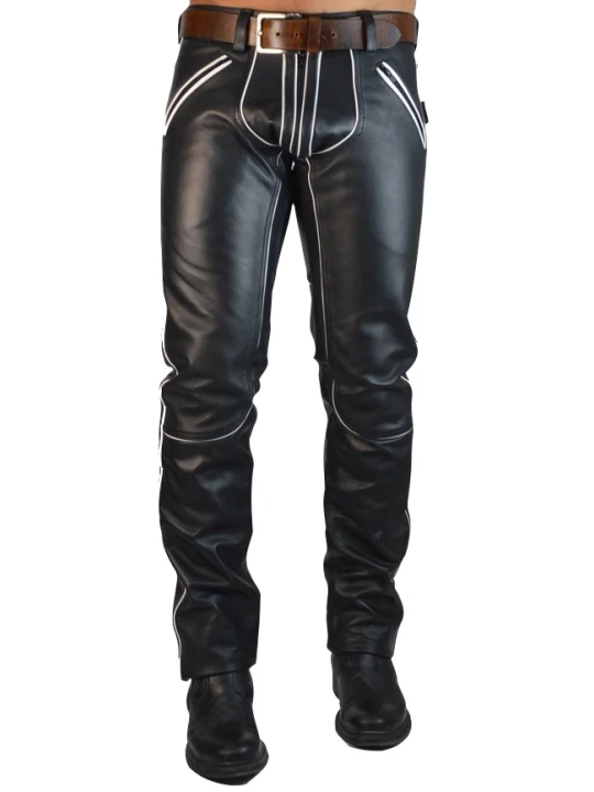 Men Bold Fashion Real Lambskin Black Leather White Pining Trousers Pants
