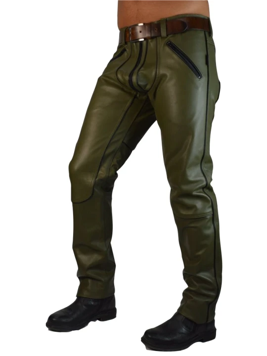 Men Bold Fashion Real Lambskin Olive Green Leather Trousers Pants