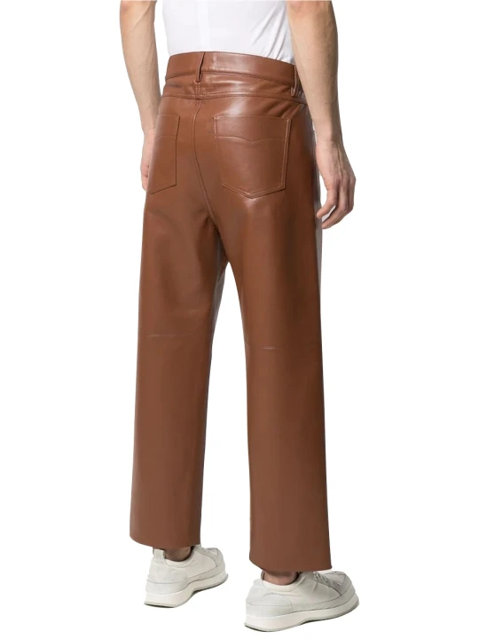 Men Relax Fit Real Lambskin Brown Leather Trousers Pants