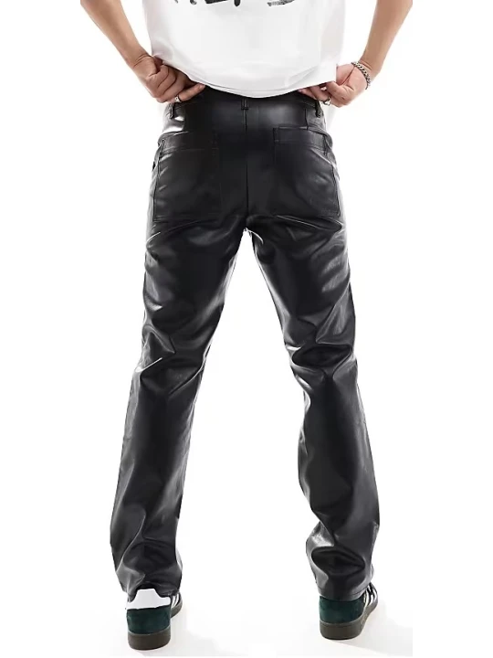 Straight Fit Leather Pants In Black With Front Zip Detail