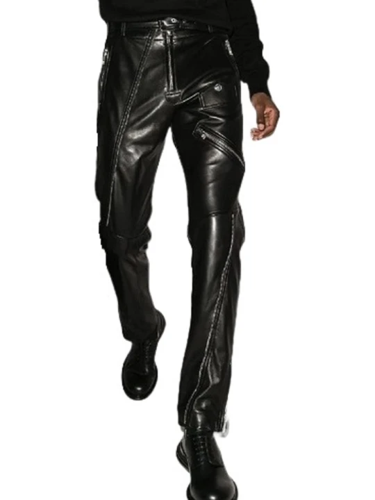 Zip Detail Black Leather Trousers