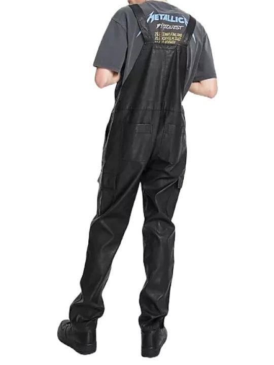 Men Classy Wear Real Lambskin Black Leather Overalls Romper