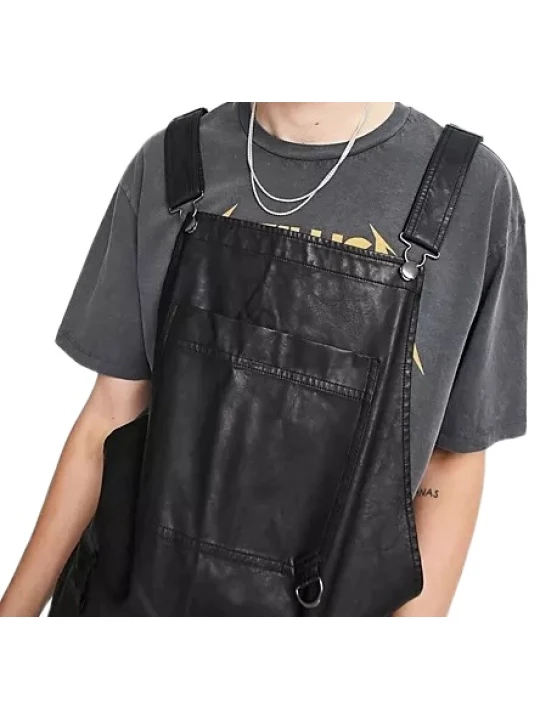 Men Classy Wear Real Lambskin Black Leather Overalls Romper