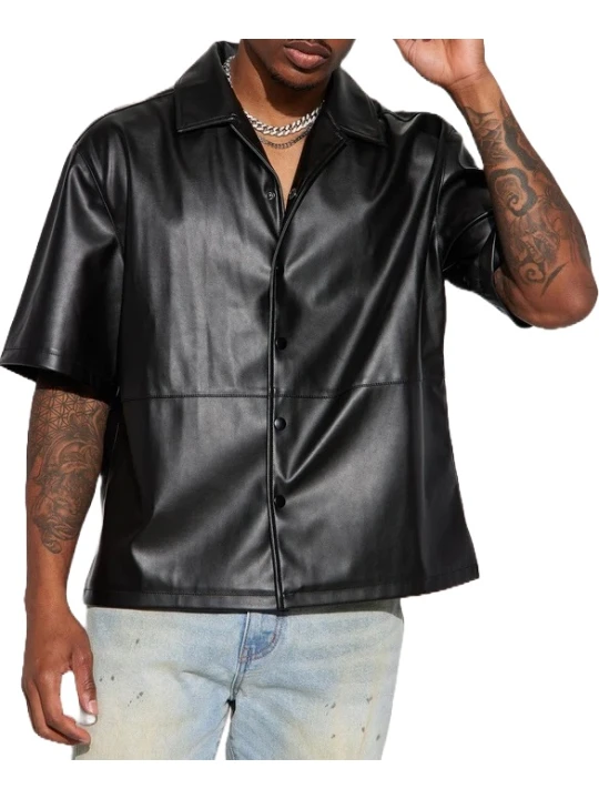 Black Leather Short Sleeve Button Up Shirt