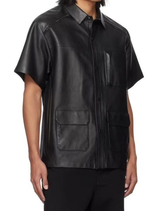 Black Leather Short Sleeve Utility Shirt Black Leather Short Sleeve Utility Shirt