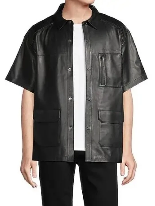 Black Leather Short Sleeve Utility Shirt Black Leather Short Sleeve Utility Shirt