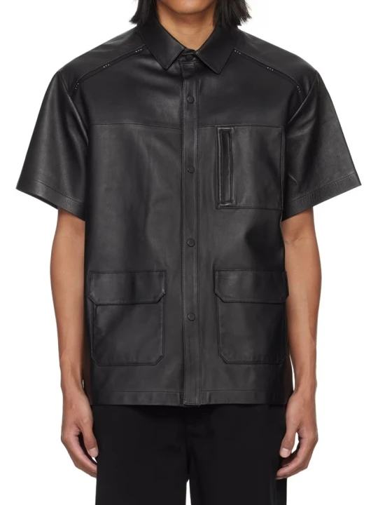 Black Leather Short Sleeve Utility Shirt Black Leather Short Sleeve Utility Shirt