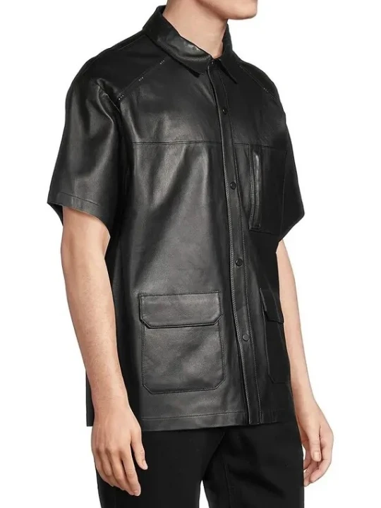 Black Leather Short Sleeve Utility Shirt Black Leather Short Sleeve Utility Shirt