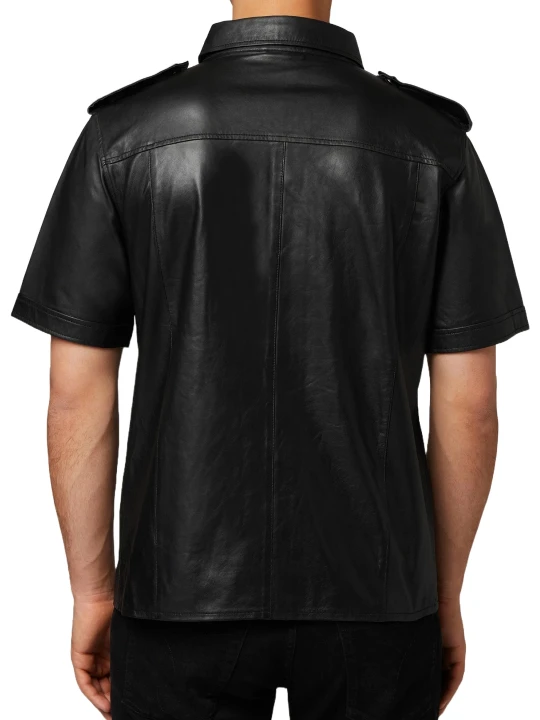 Button Down Black Leather Short Sleeve Shirt