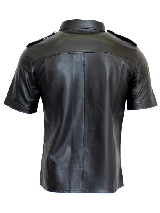 Button Down Black Leather Short Sleeve Shirt