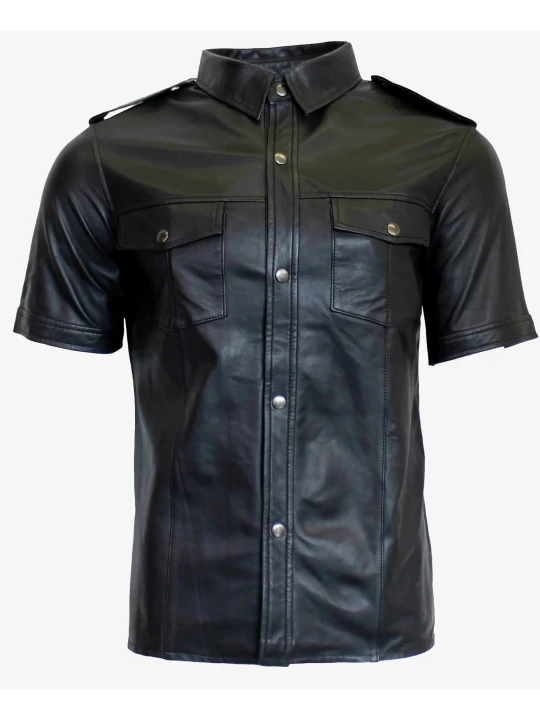 Button Down Black Leather Short Sleeve Shirt