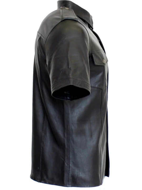 Button Down Black Leather Short Sleeve Shirt