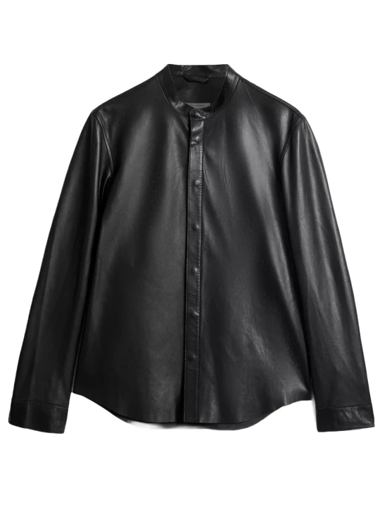 Concealed Placket Black Leather Shirt