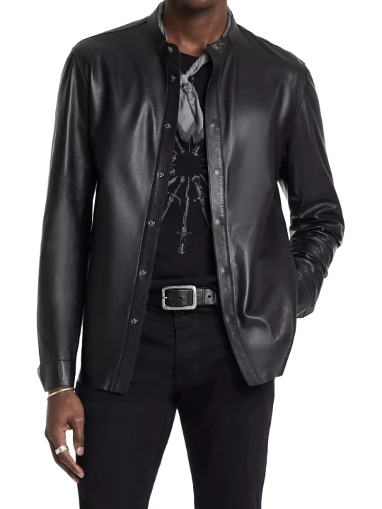 Concealed Placket Black Leather Shirt