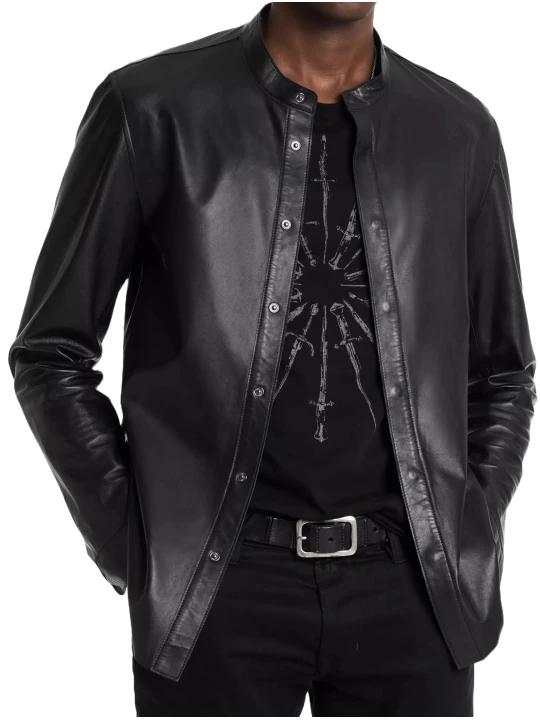 Concealed Placket Black Leather Shirt