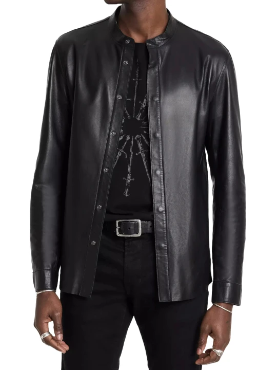 Concealed Placket Black Leather Shirt