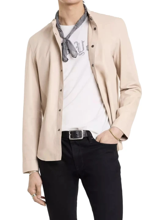 Concealed Placket Cream Leather Shirt
