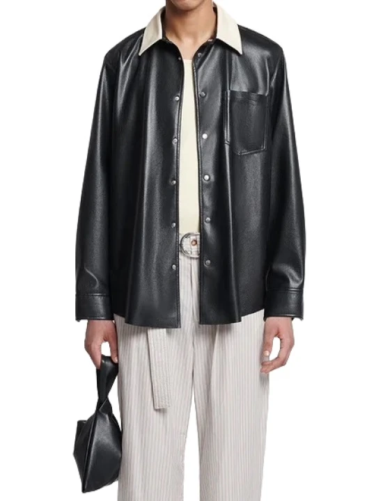 Contrast Collar Black Leather Shirt