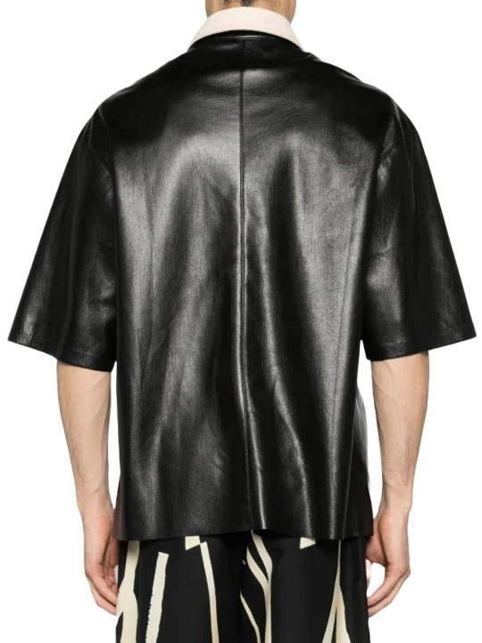 Contrast Collar Black Leather Short Sleeve Shirt Contrast Collar Black Leather Short Sleeve Shirt