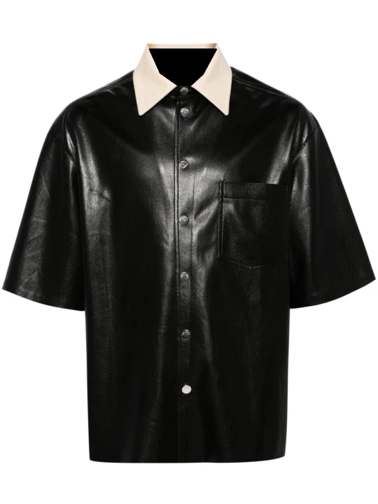 Contrast Collar Black Leather Short Sleeve Shirt Contrast Collar Black Leather Short Sleeve Shirt