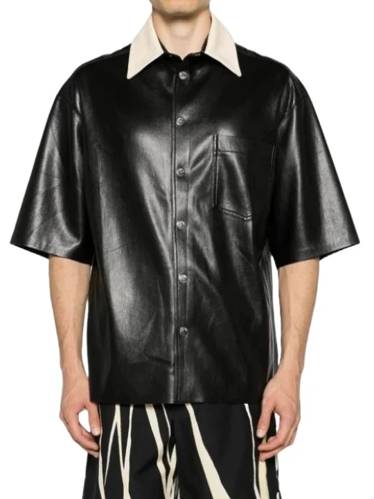 Contrast Collar Black Leather Short Sleeve Shirt