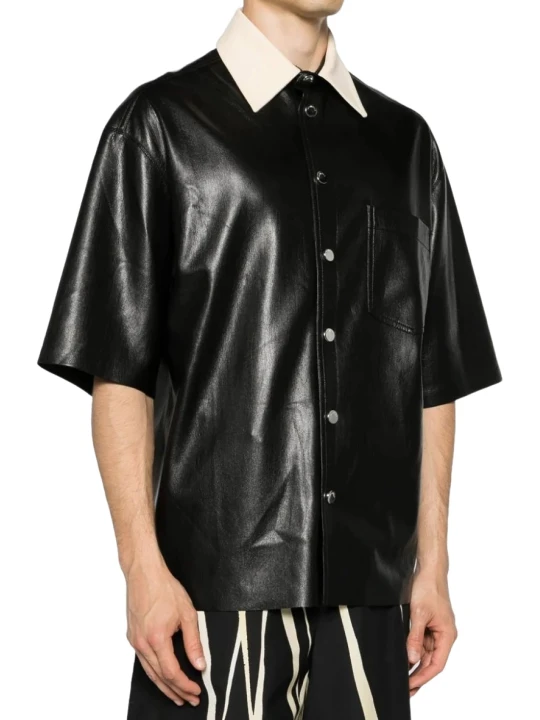 Contrast Collar Black Leather Short Sleeve Shirt Contrast Collar Black Leather Short Sleeve Shirt