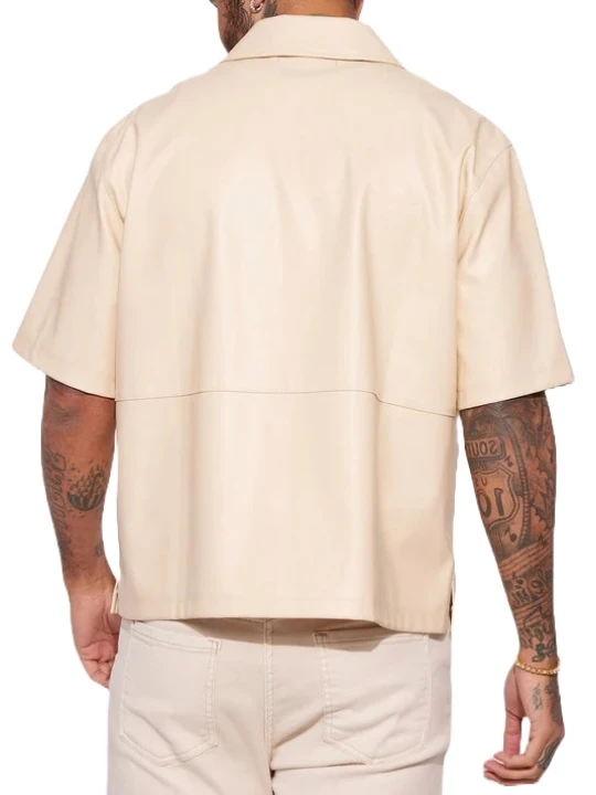 Cream Leather Short Sleeve Button Up Shirt Cream Leather Short Sleeve Button Up Shirt
