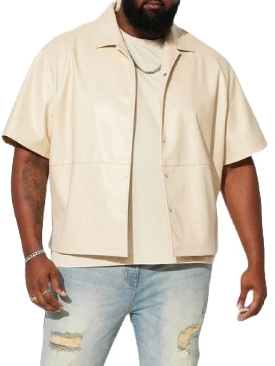 Cream Leather Short Sleeve Button Up Shirt Cream Leather Short Sleeve Button Up Shirt