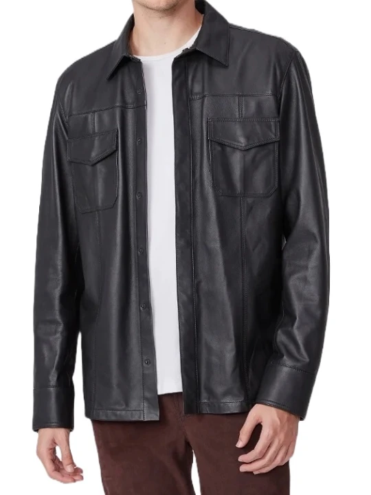 Flap Pockets Black Leather Shirt