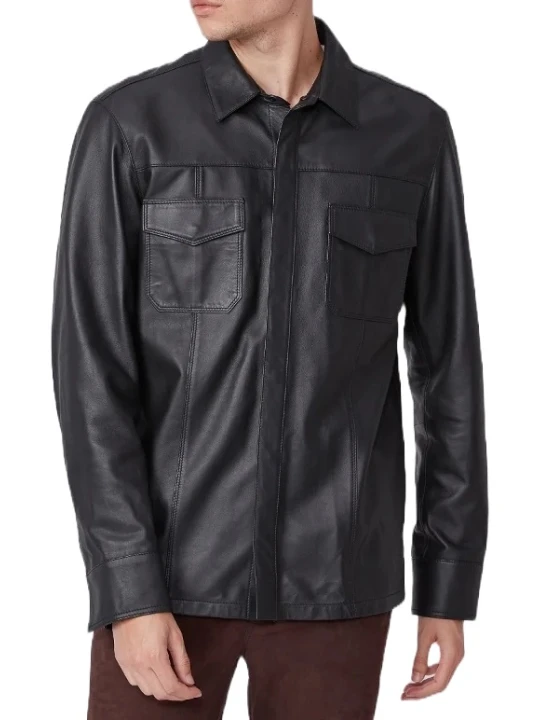 Flap Pockets Black Leather Shirt