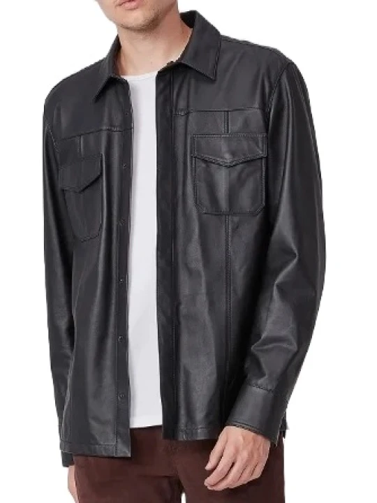 Flap Pockets Black Leather Shirt