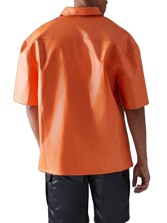 Flap Pockets Orange Leather Short Sleeve Shirt
