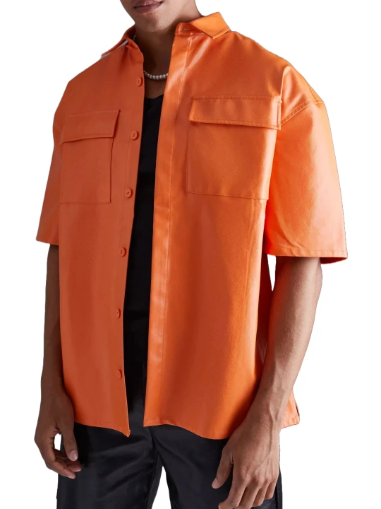 Flap Pockets Orange Leather Short Sleeve Shirt