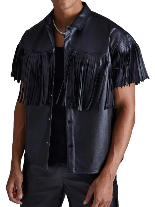 Fringe Black Leather Short Sleeve Shirt