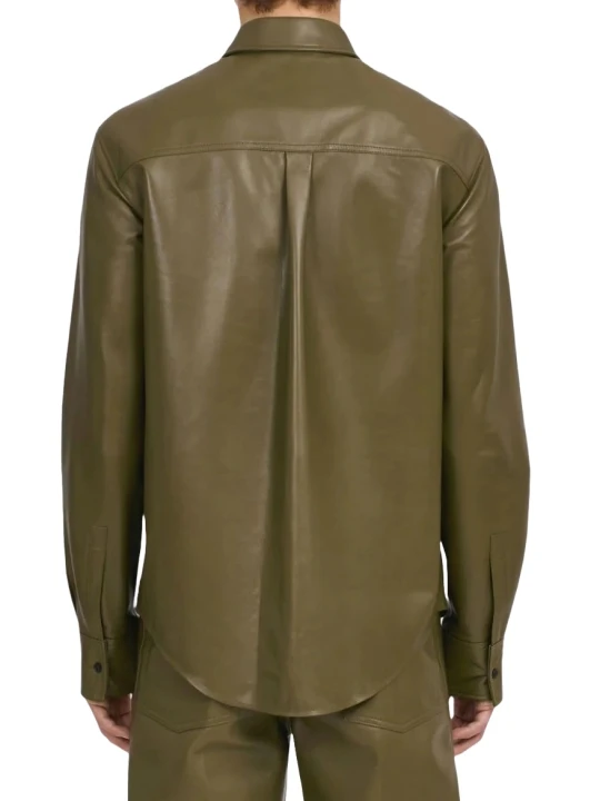 Front Button Fastening Olive Green Leather Shirt