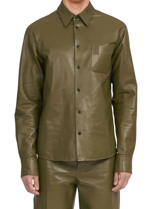 Front Button Fastening Olive Green Leather Shirt