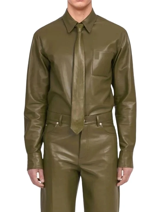 Front Button Fastening Olive Green Leather Shirt