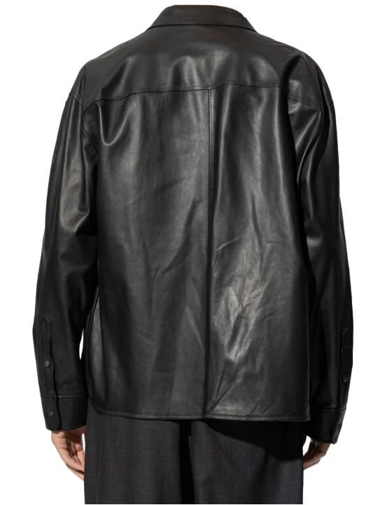 Front Flap Pocket Black Leather Shirt