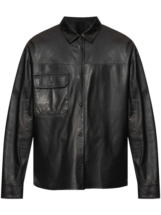 Front Flap Pocket Black Leather Shirt
