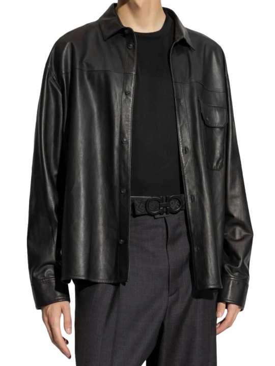 Front Flap Pocket Black Leather Shirt