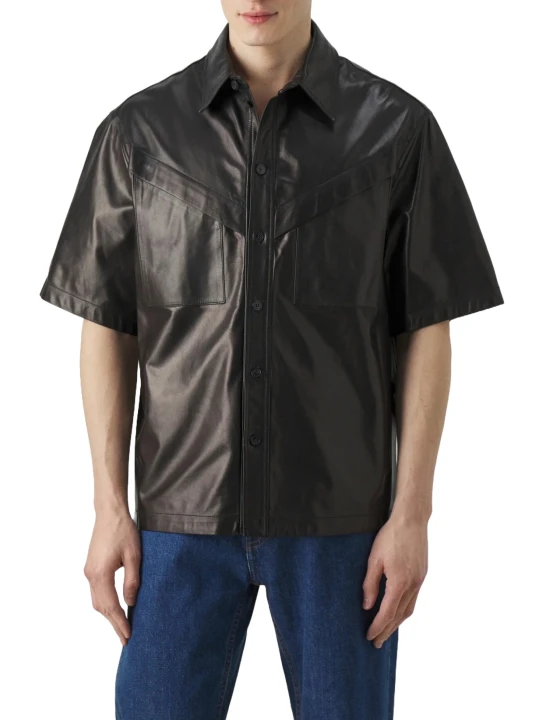 Kent Collar Black Leather Short Sleeve Shirt