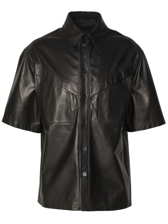 Kent Collar Black Leather Short Sleeve Shirt