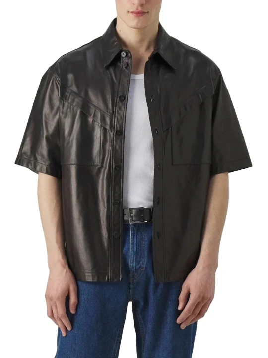 Kent Collar Black Leather Short Sleeve Shirt