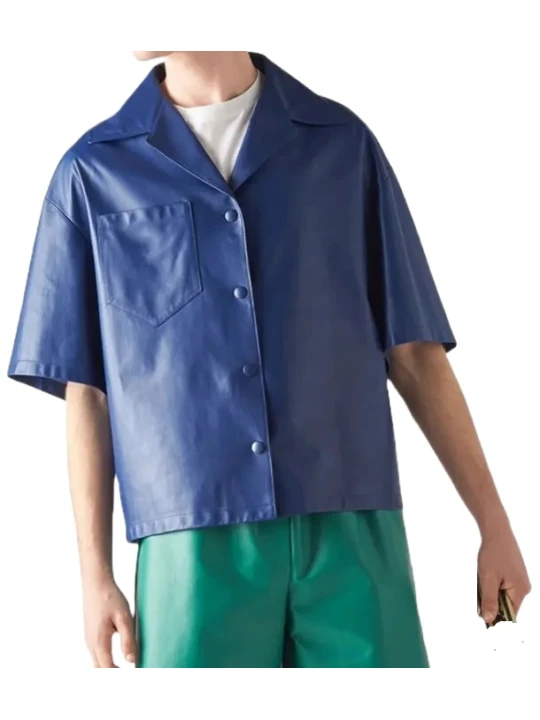 Kent Collar Blue Leather Short Sleeve Shirt