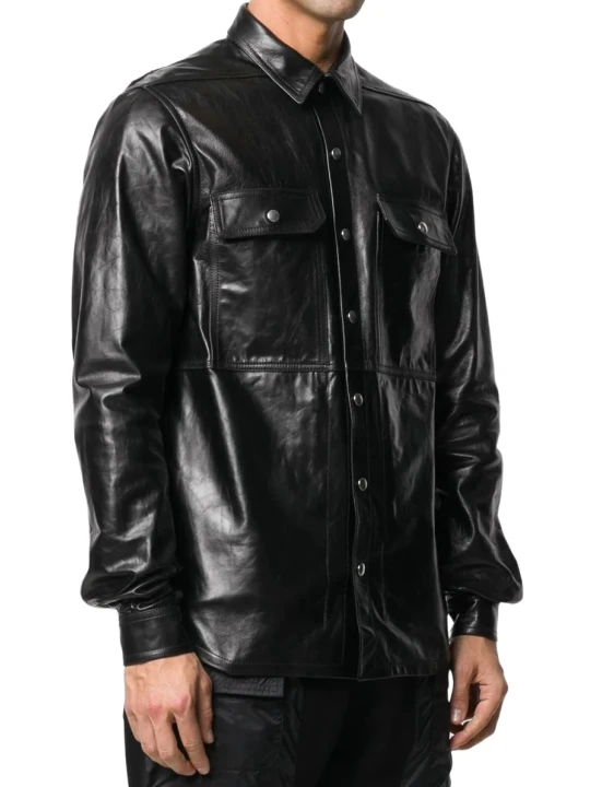Men Edgy Look Real Lambskin Dark Black Leather Shirt